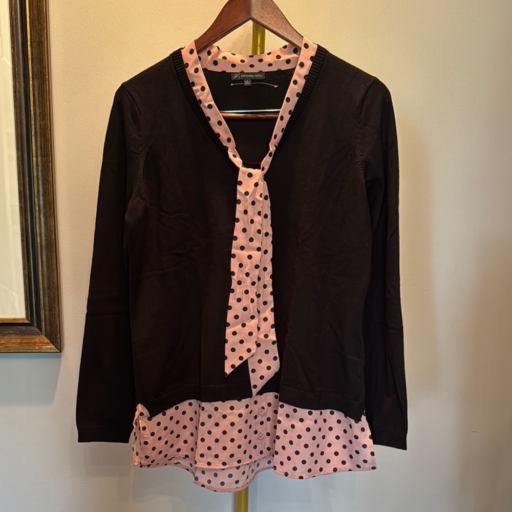 Adrianna Papell Black and Pink Layered Tie Front Blouse NWOT L